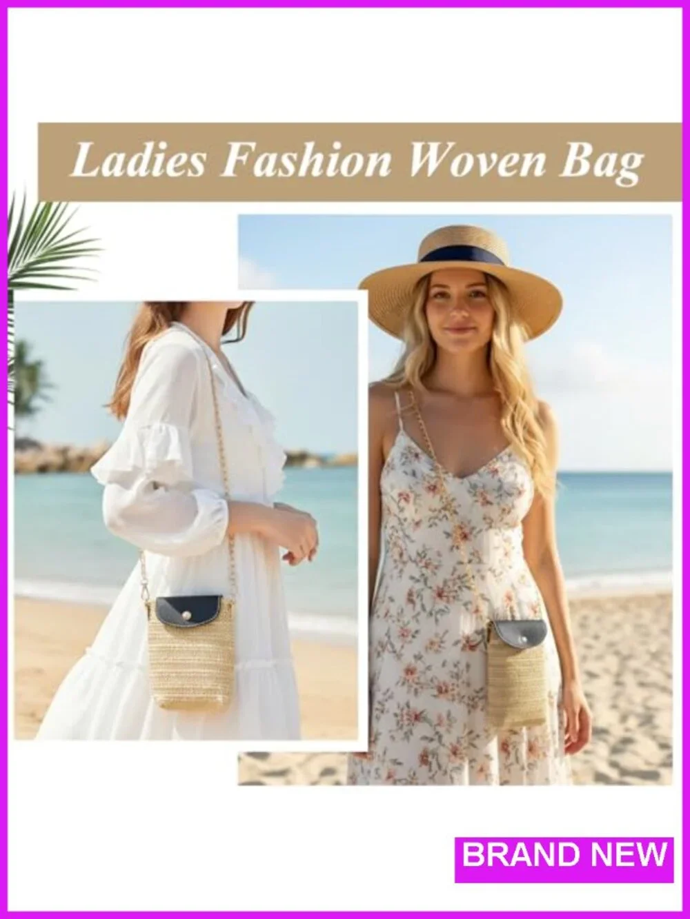 Mini Faux Straw Crossbody Phone Purse with Chain Strap